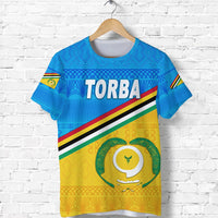 Blue Torba T-shirt front view with large TORBA text, stripes, and circular emblem