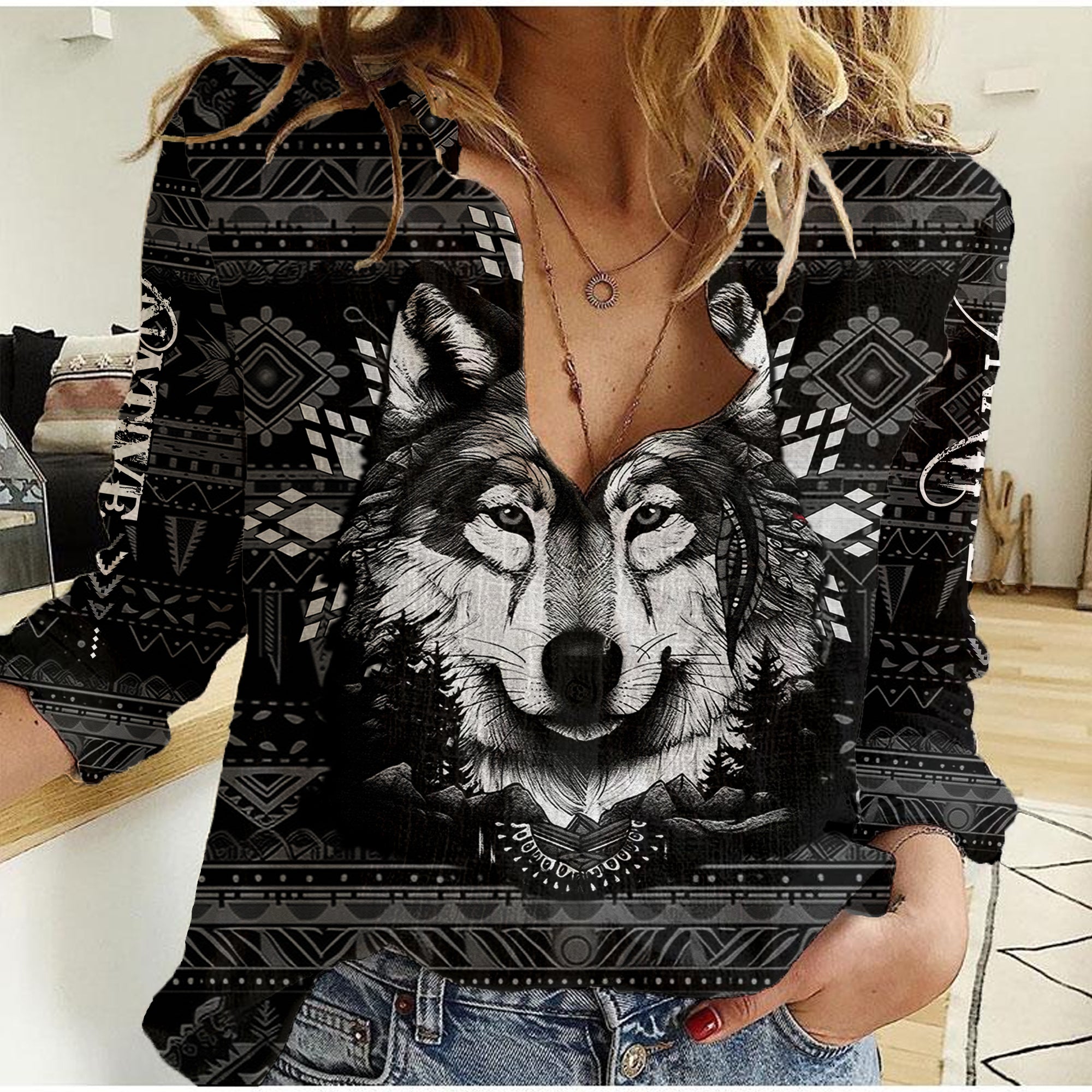 Native American Tribal Pattern With Wolf - Born Wild Women Casual Shirt TS07 - Wonder Print Shop