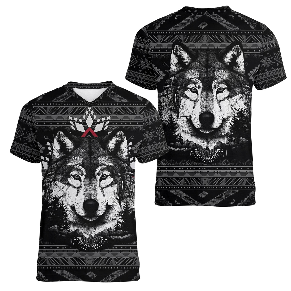 Native American Tribal Pattern With Wolf - Born Wild Women V Neck T Shirt TS07 - Wonder Print Shop