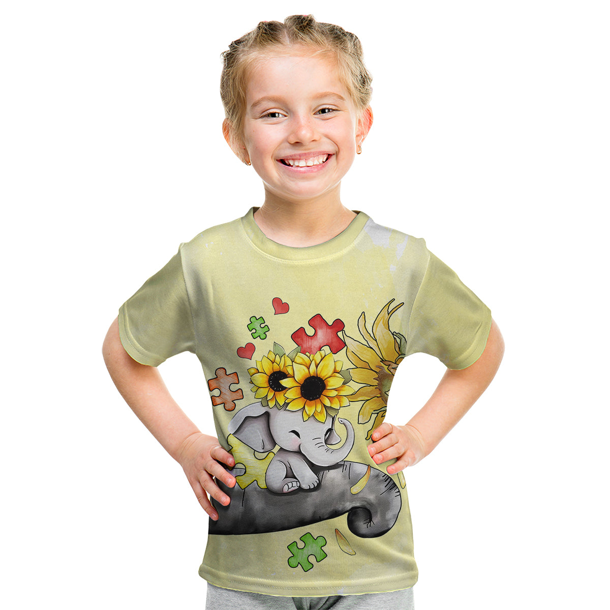 Autism Acceptance Month - Elephant With Sunflower Kid T Shirt TS07 - Wonder Print Shop