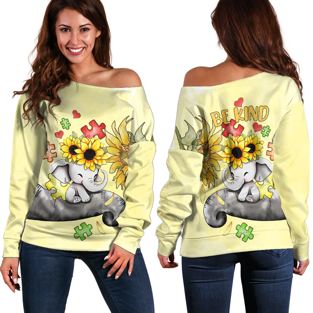 Autism Acceptance Month - Elephant With Sunflower Off Shoulder Sweater TS07 - Wonder Print Shop