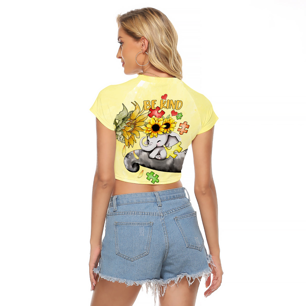 Autism Acceptance Month - Elephant With Sunflower Raglan Cropped T Shirt TS07 - Wonder Print Shop