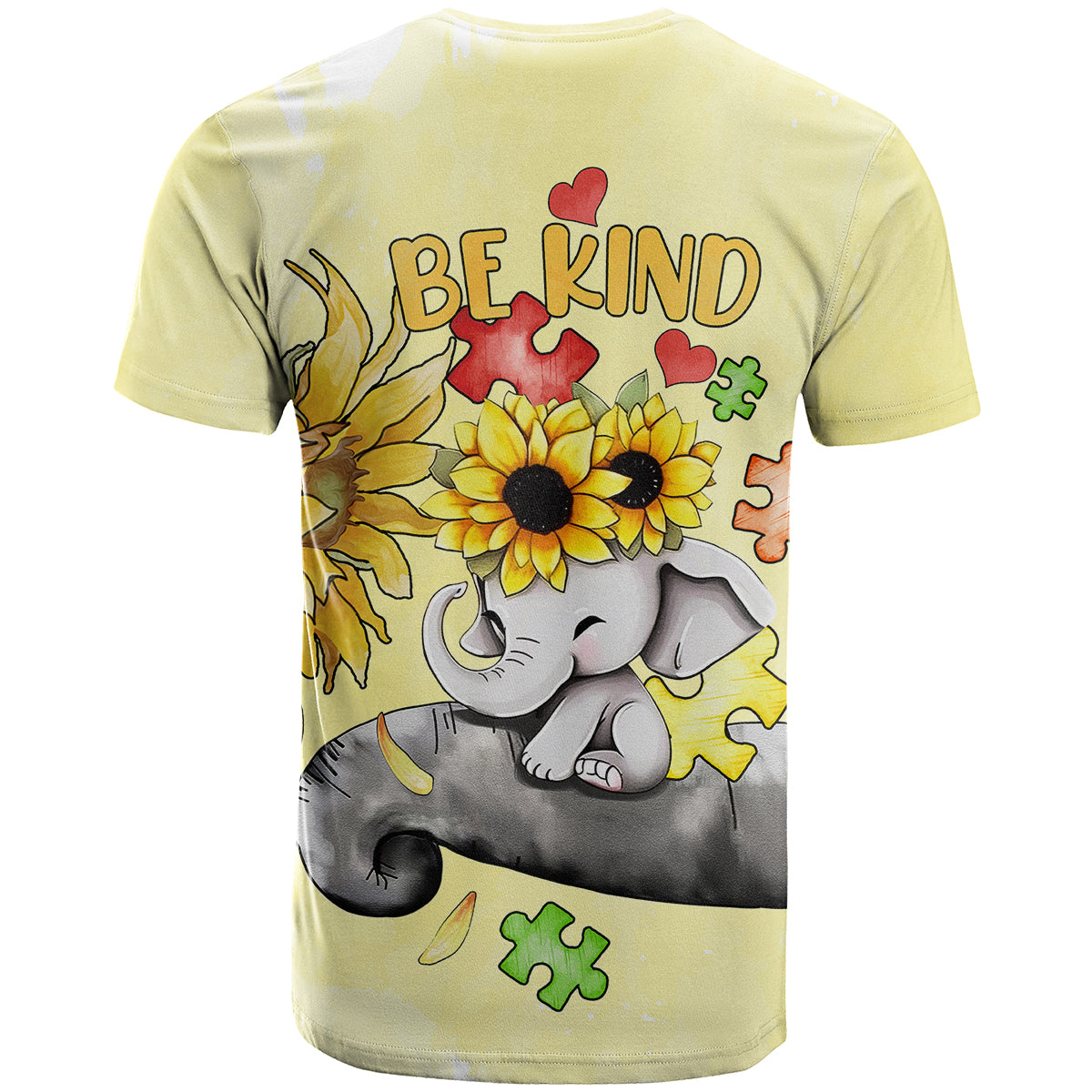 Yellow T-shirt back with BE KIND text, cartoon elephant, and sunflowers