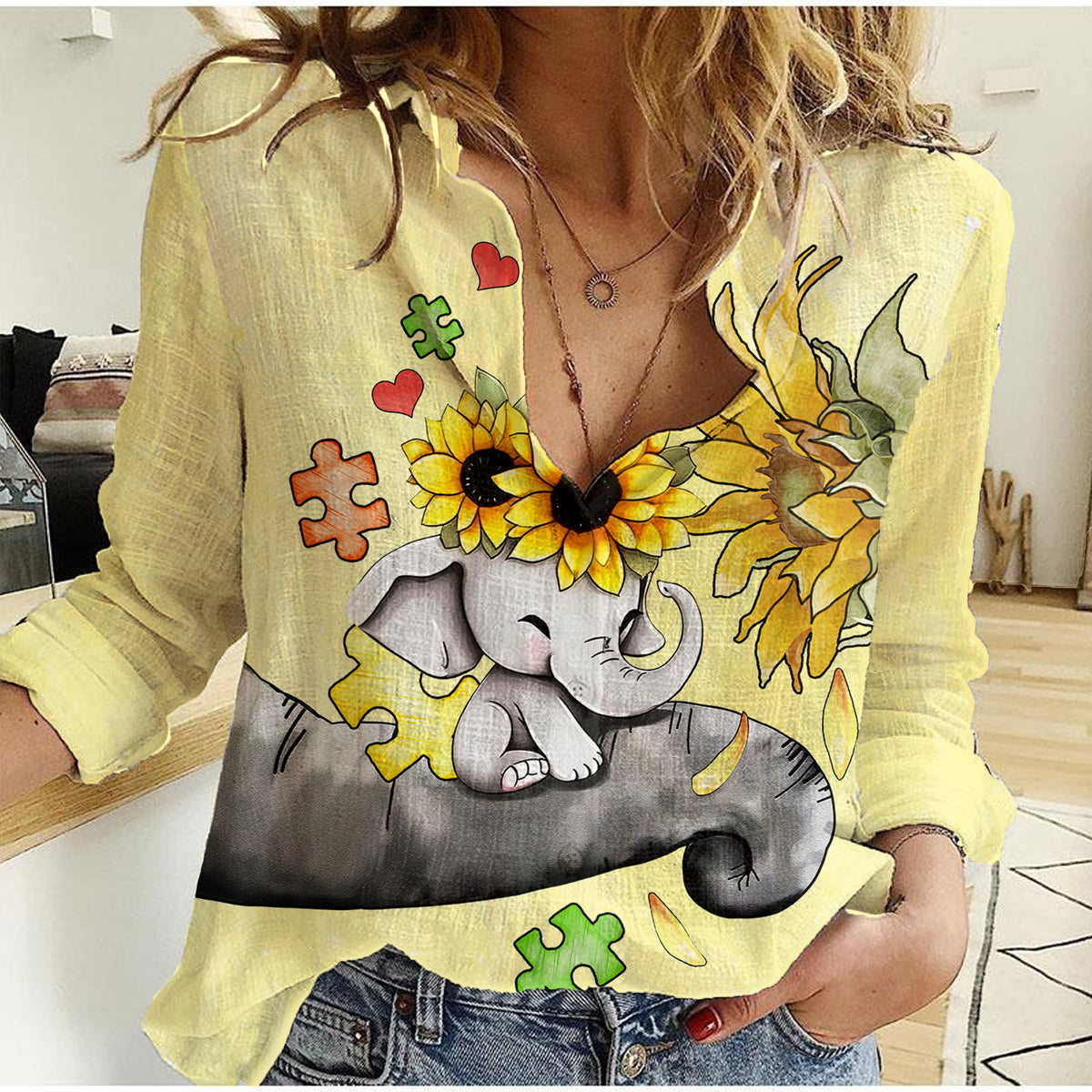 Autism Acceptance Month - Elephant With Sunflower Women Casual Shirt TS07 - Wonder Print Shop