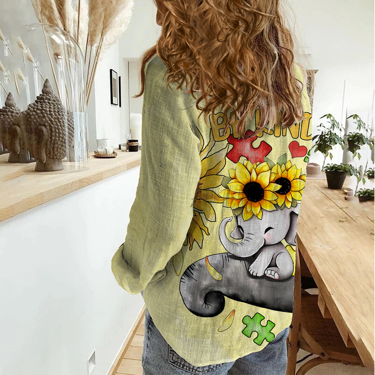 Autism Acceptance Month - Elephant With Sunflower Women Casual Shirt TS07 - Wonder Print Shop
