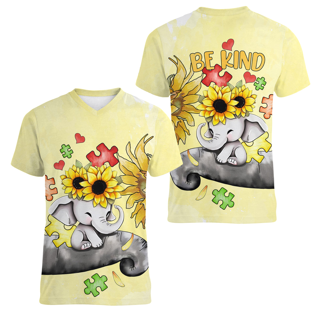 Autism Acceptance Month - Elephant With Sunflower Women V Neck T Shirt TS07 - Wonder Print Shop