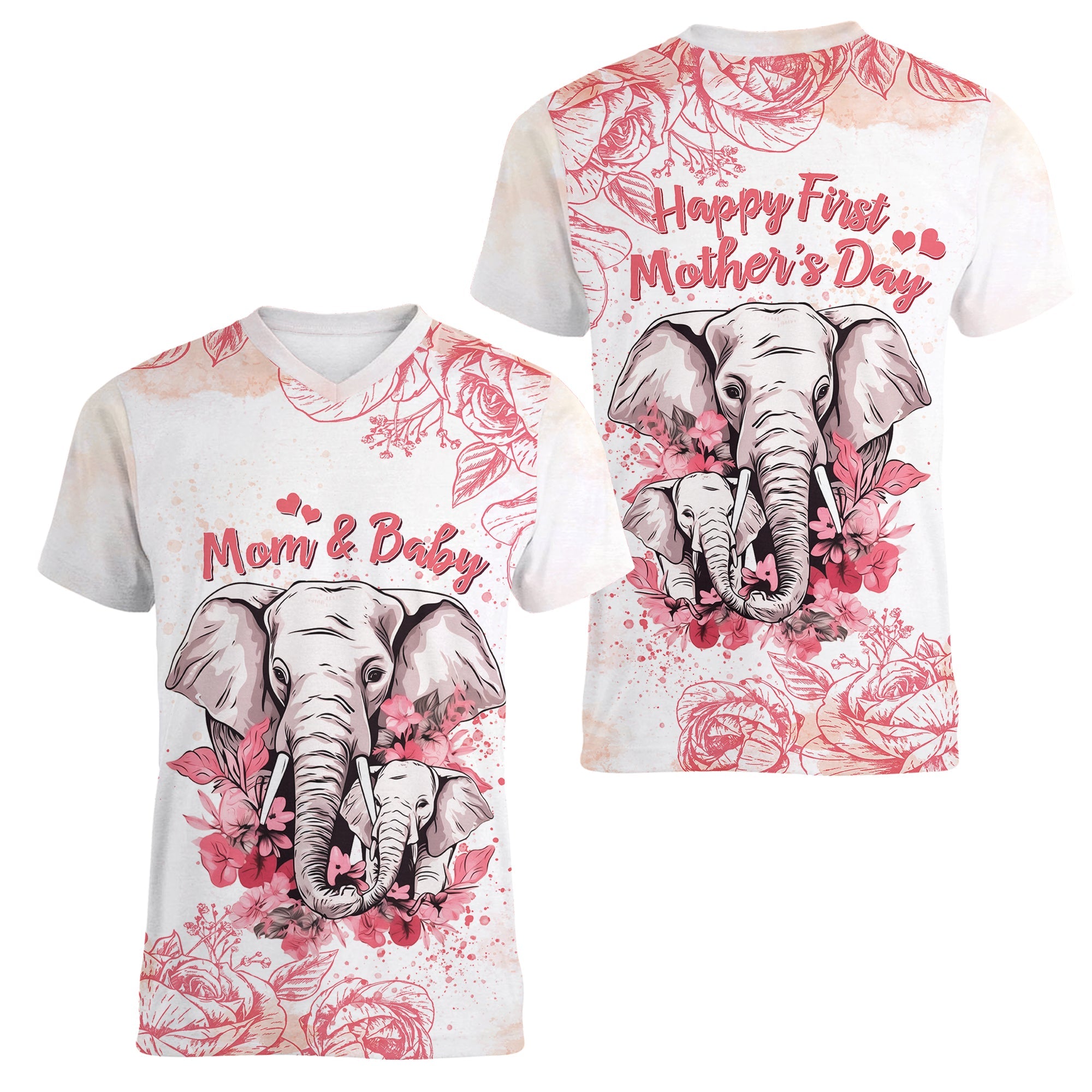 Personalised Mother's Day Elephant Mom & Baby First Mother Day Together Women V-Neck T Shirt TS07 - Wonder Print Shop