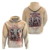 Tan pullover hoodie set, front and back view with elephant floral graphic and hood