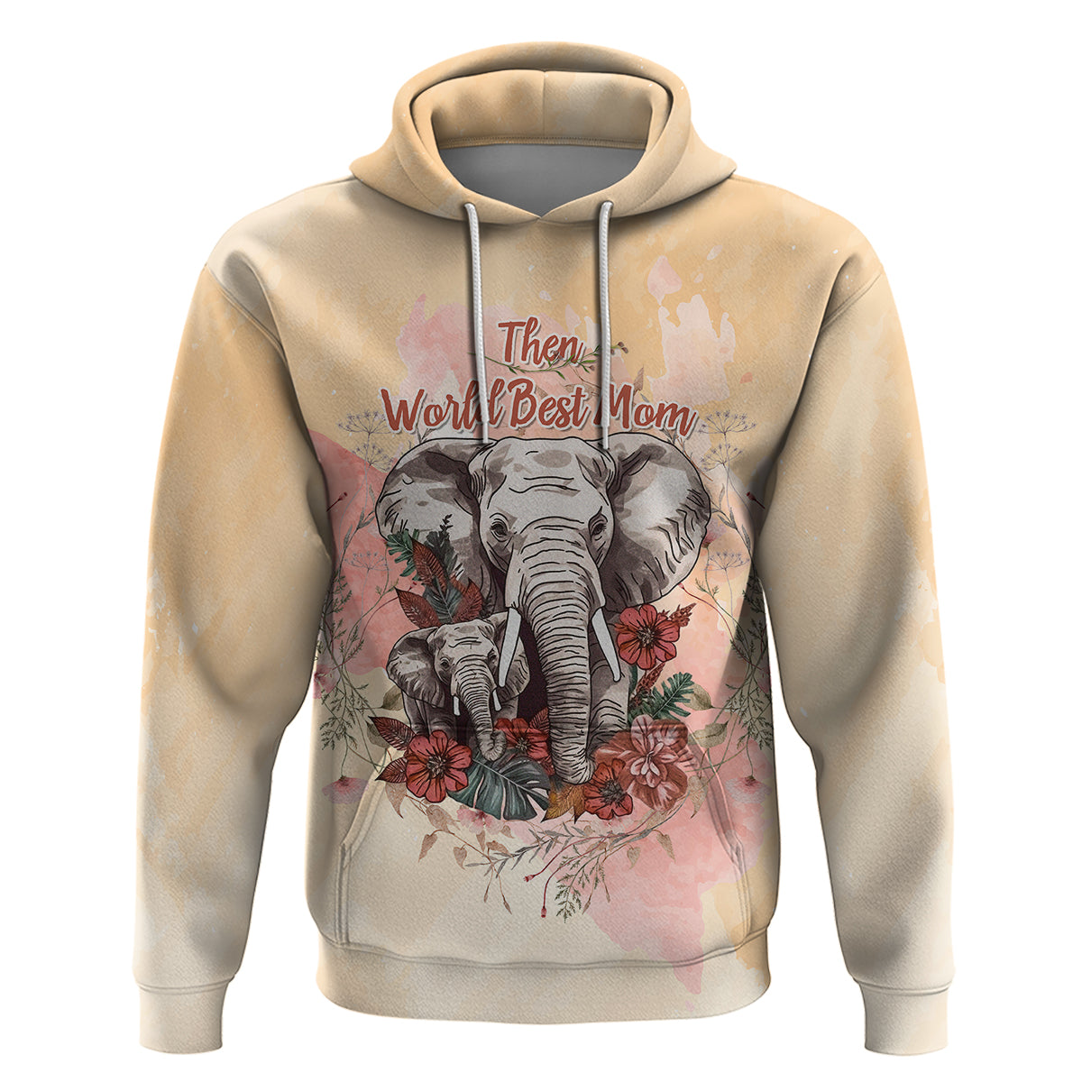 Light tan pullover hoodie, elephant and floral graphic with 'World Best Mom' text