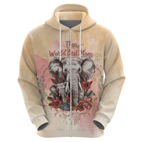 Light tan zip hoodie front with elephant floral graphic, kangaroo pocket and drawstring hood