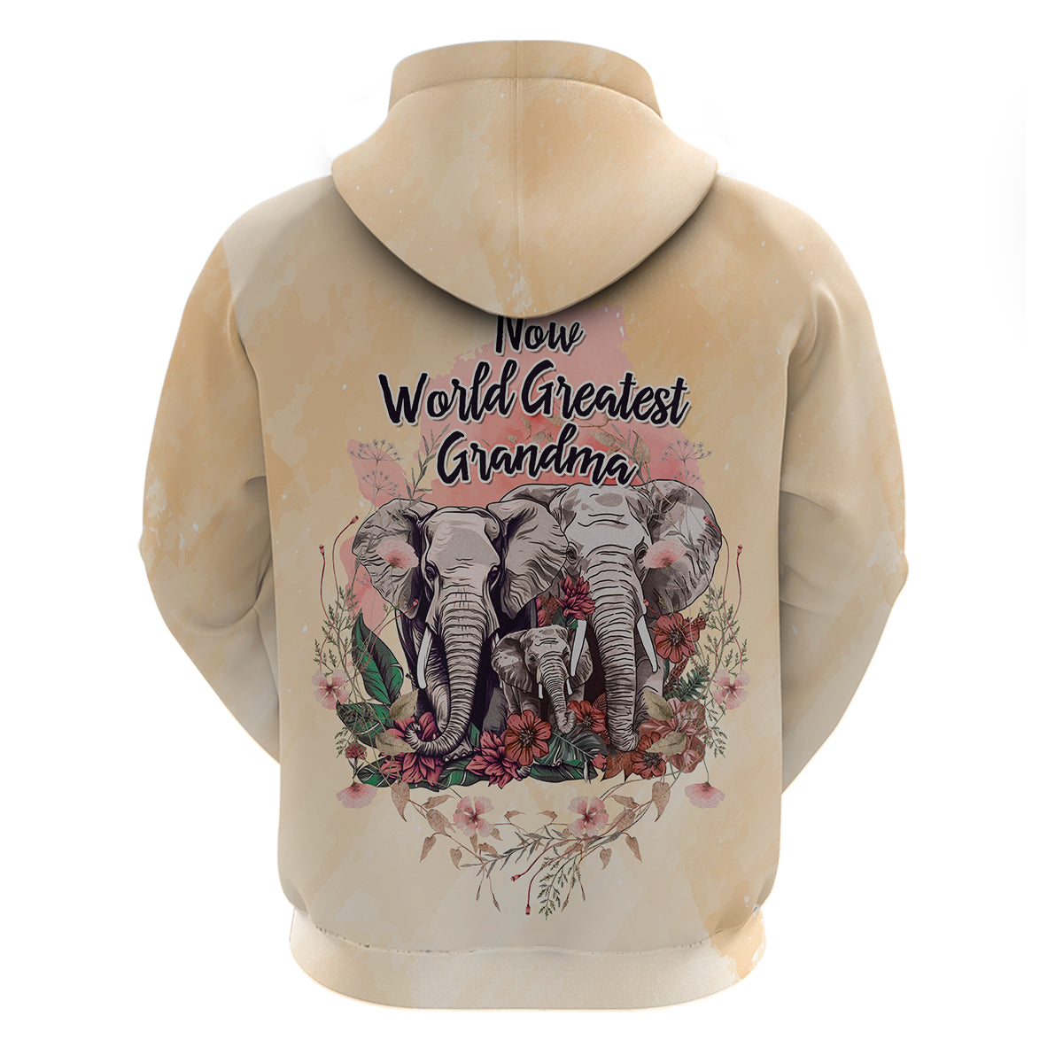 Light tan zip hoodie back with 'World Greatest Grandma' elephant floral graphic