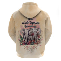 Light tan zip hoodie back with 'World Greatest Grandma' elephant floral graphic