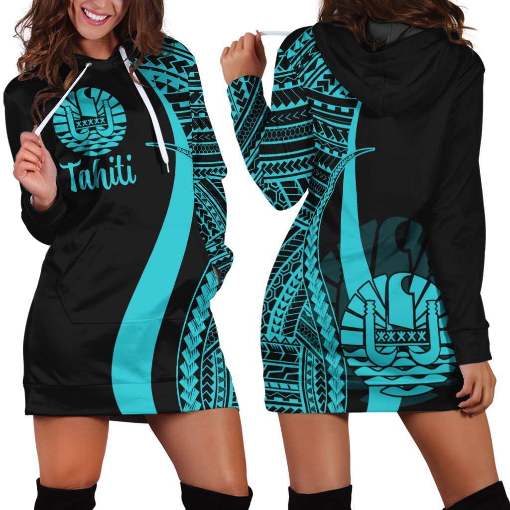 tahiti-womens-hoodie-dress-turquoise-polynesian-tentacle-tribal-pattern