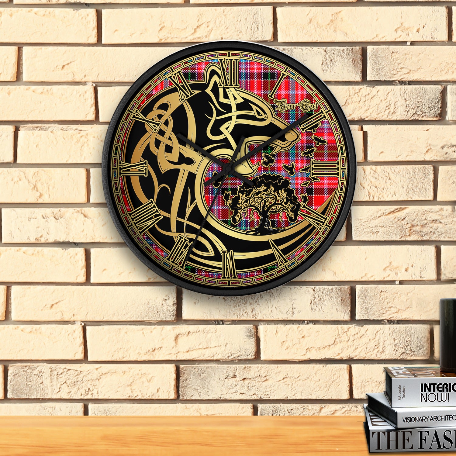udny-tartan-wall-clock-personalize-wall-clock-decor-wall-clock-celtic-wolf-style