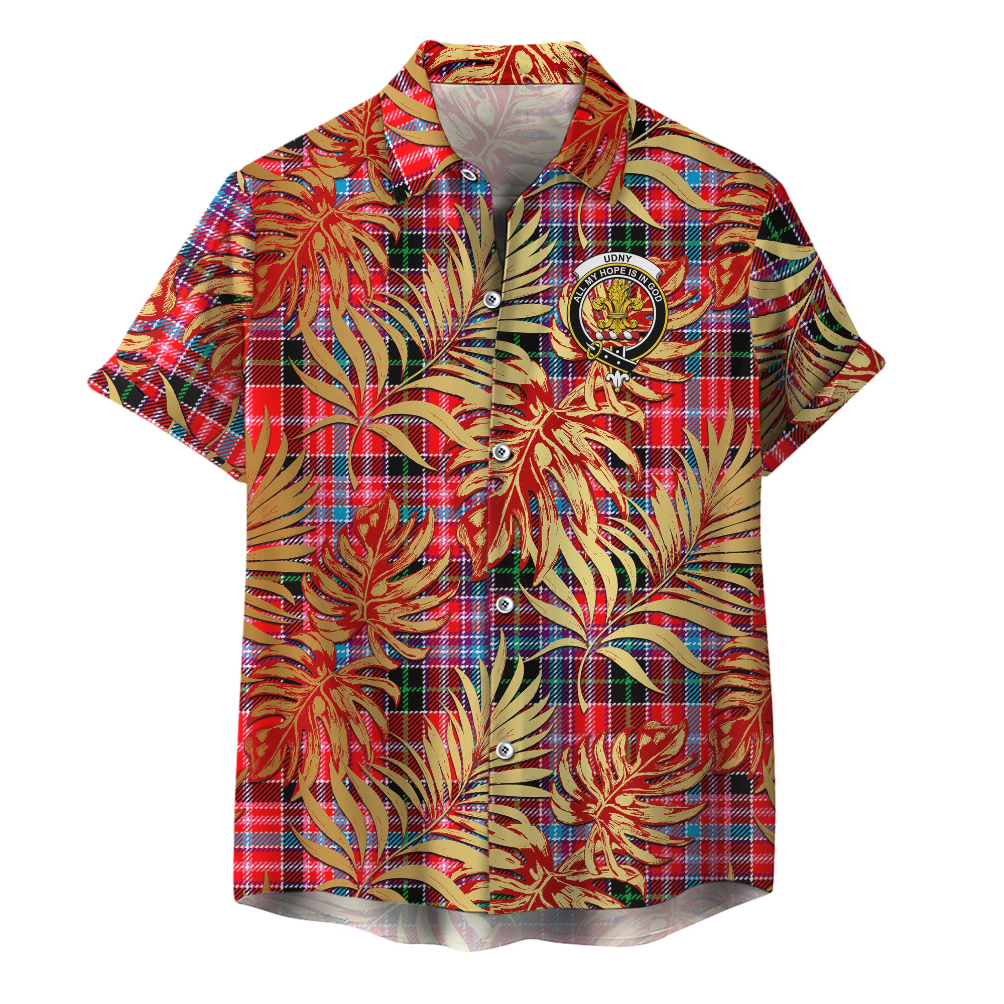 scottish-udny-clan-crest-tartan-golden-tropical-palm-leaves-hawaiian-shirt