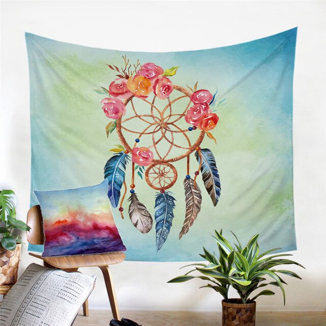 Native American Watercolor Dreamcatcher Feathers Tapestry LT10 - Wonder Print Shop
