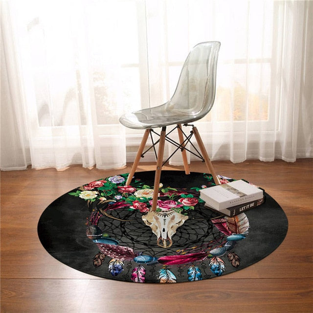 native-american-tribal-horns-flowers-dreamcatcher-round-carpet