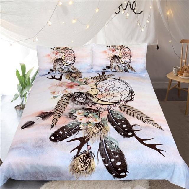 Feathers White Dreamcatcher Native American Bedding Set LT10 - Wonder Print Shop