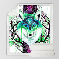 Folded blanket with colorful wolf portrait in green and purple tones, cream back
