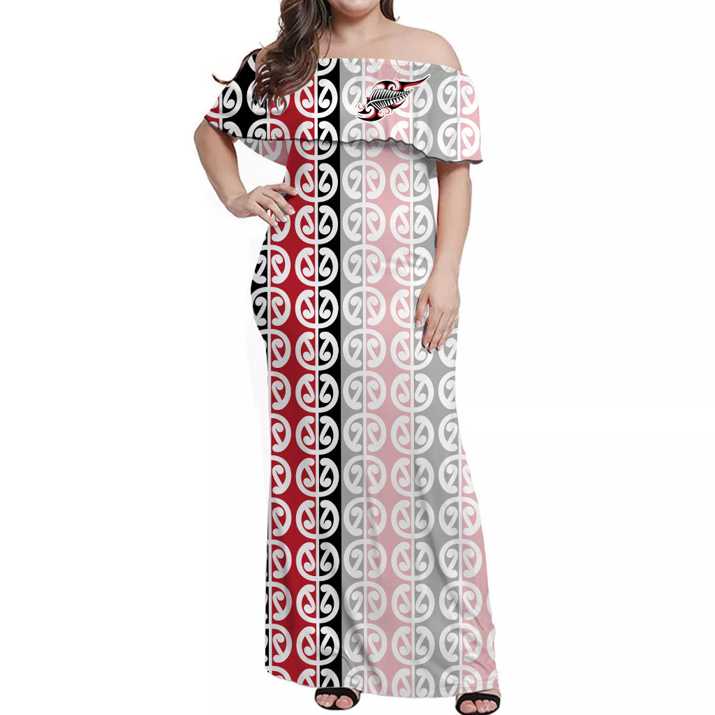 new-zealand-fern-off-shoulder-long-dress-aotearoa-maori-kowhaiwhai-pattern