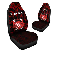 Tonga pattern car seat covers in red and black, seatback and headrest logos