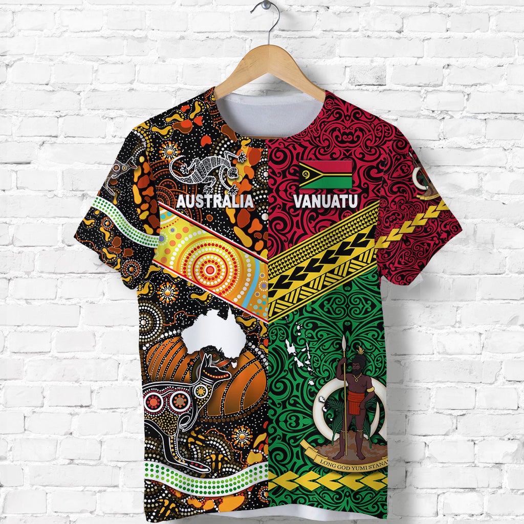 Graphic t-shirt front with Australia and Vanuatu text, multicolor tribal artwork