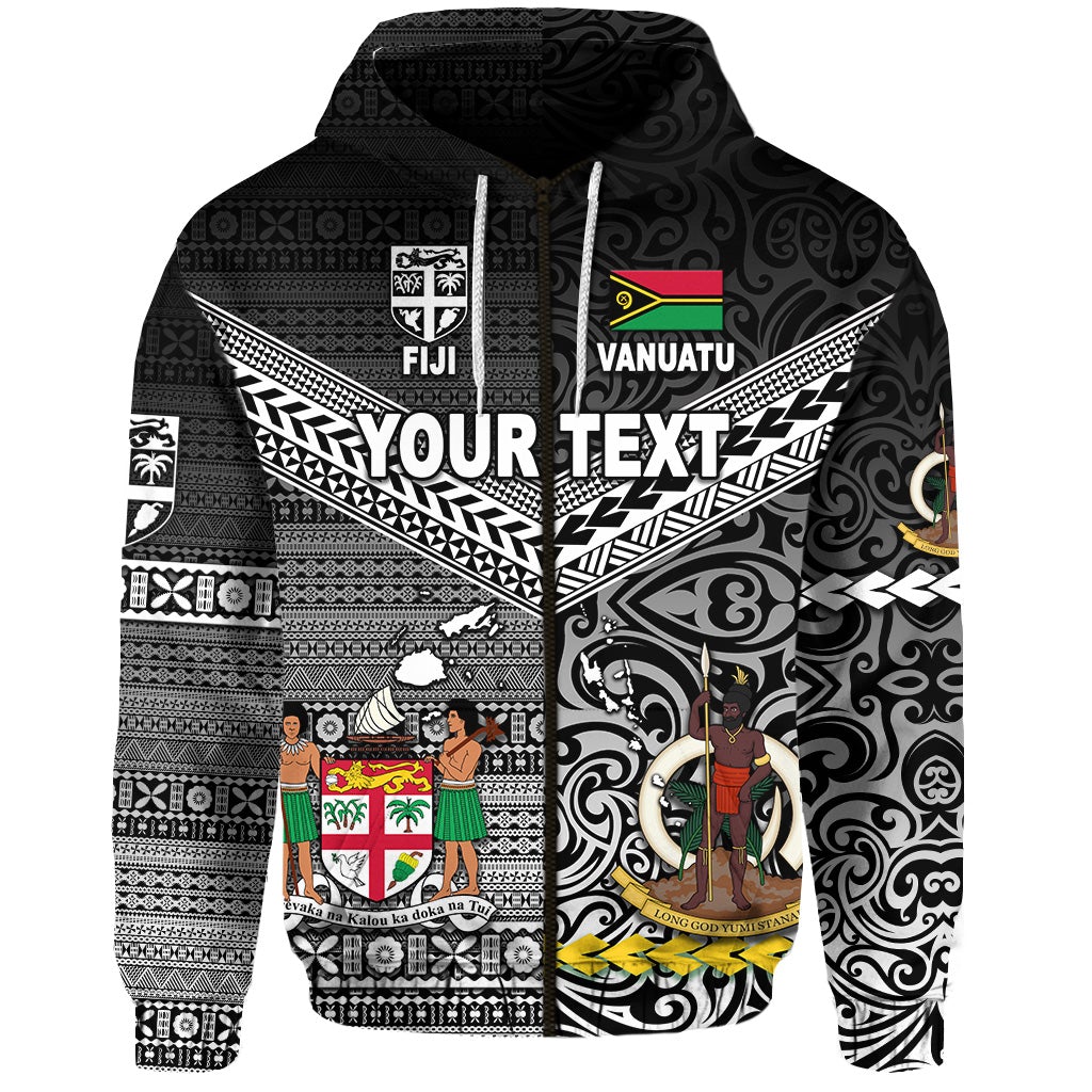 Custom Vanuatu And Fiji Zip Hoodie Together Black LT8 - Wonder Print Shop