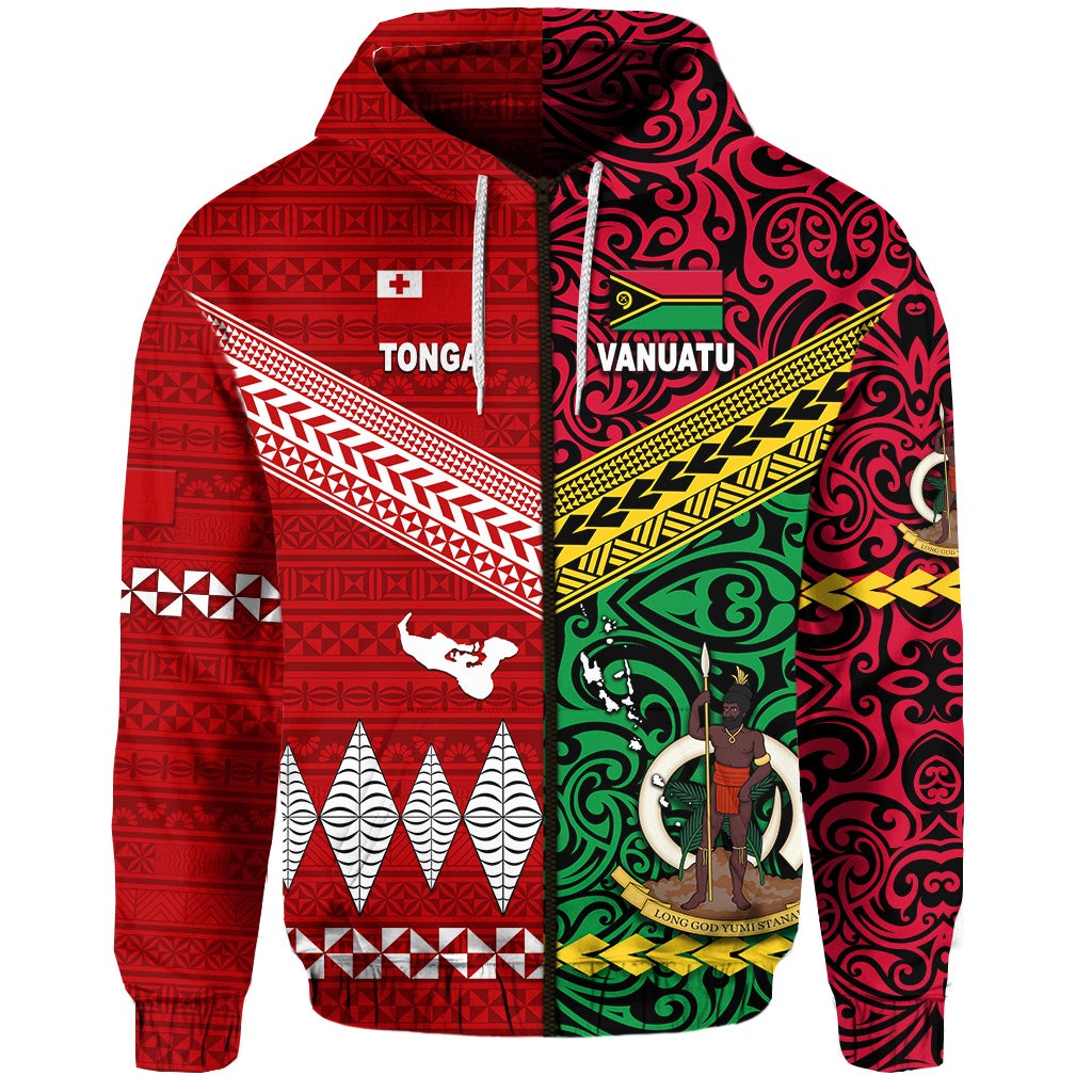Custom Vanuatu And Tonga Zip Hoodie Polynesian Together Bright Red, Custom Text And Number LT8 - Wonder Print Shop