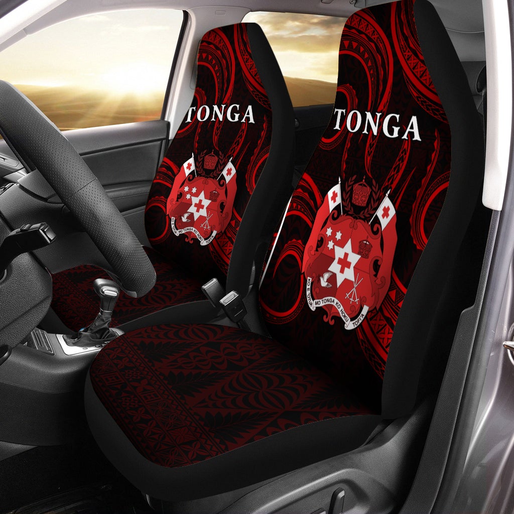 Installed Tonga pattern car seat covers in red and black, full seat and headrest