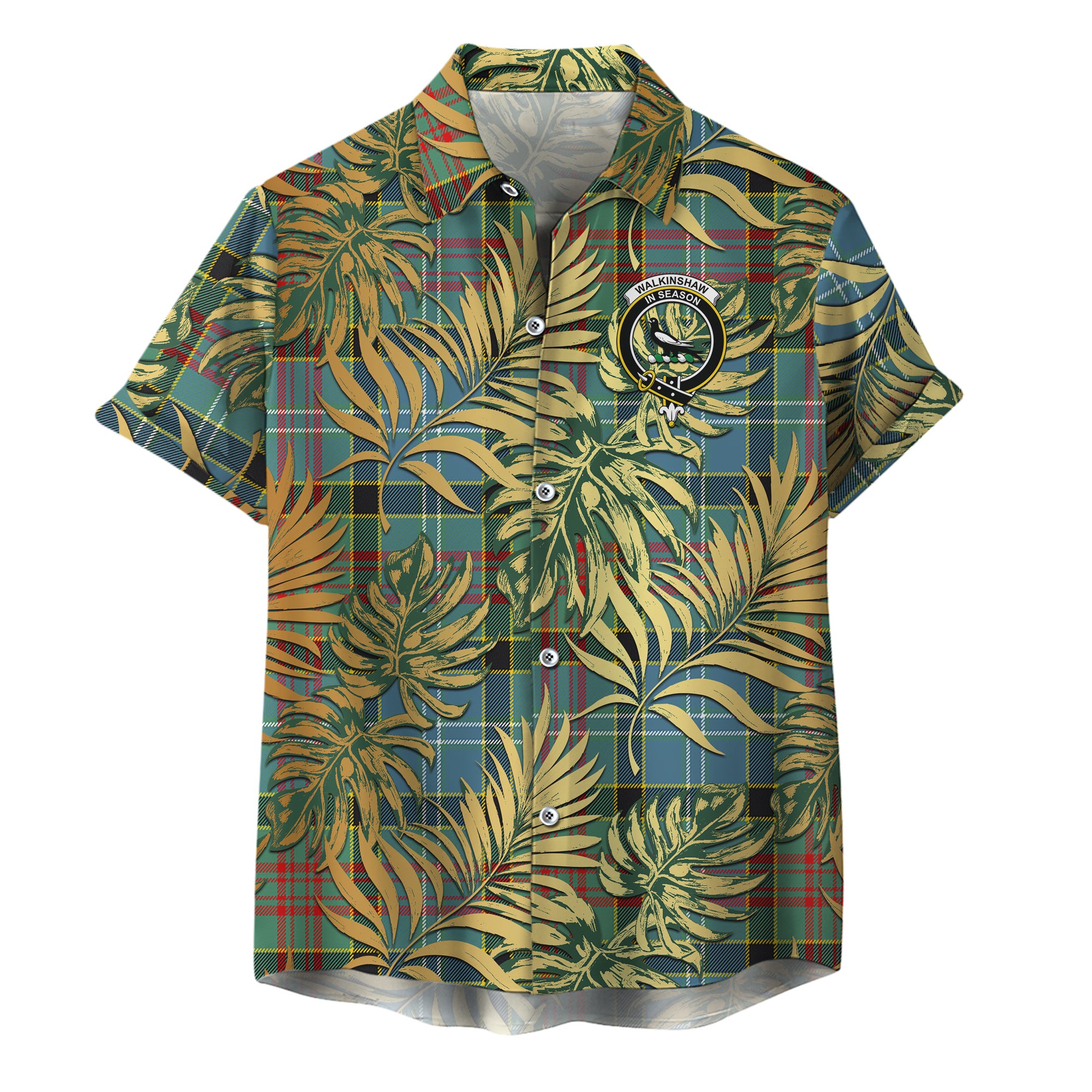 scottish-walkinshaw-clan-crest-tartan-golden-tropical-palm-leaves-hawaiian-shirt