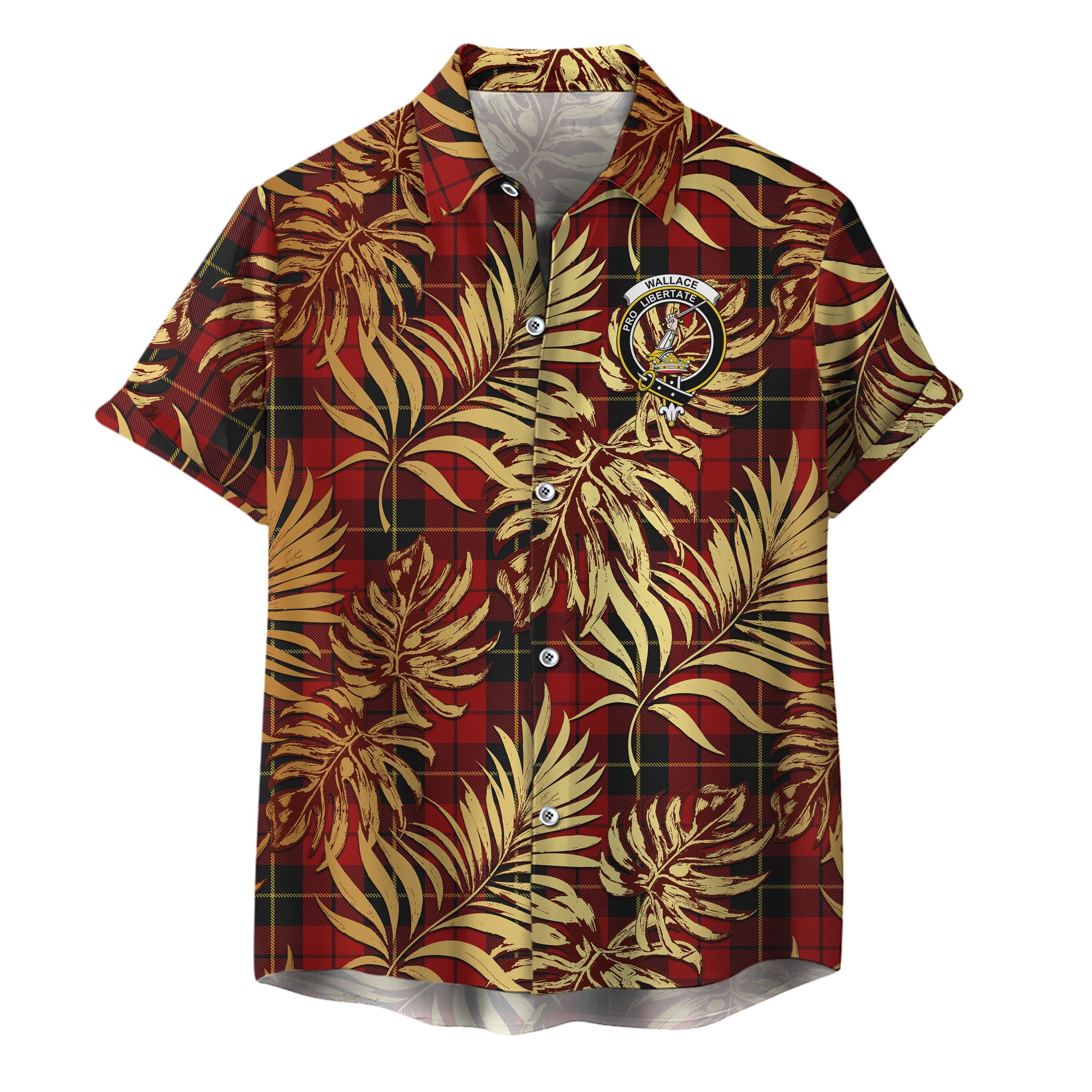 scottish-wallace-clan-crest-tartan-golden-tropical-palm-leaves-hawaiian-shirt