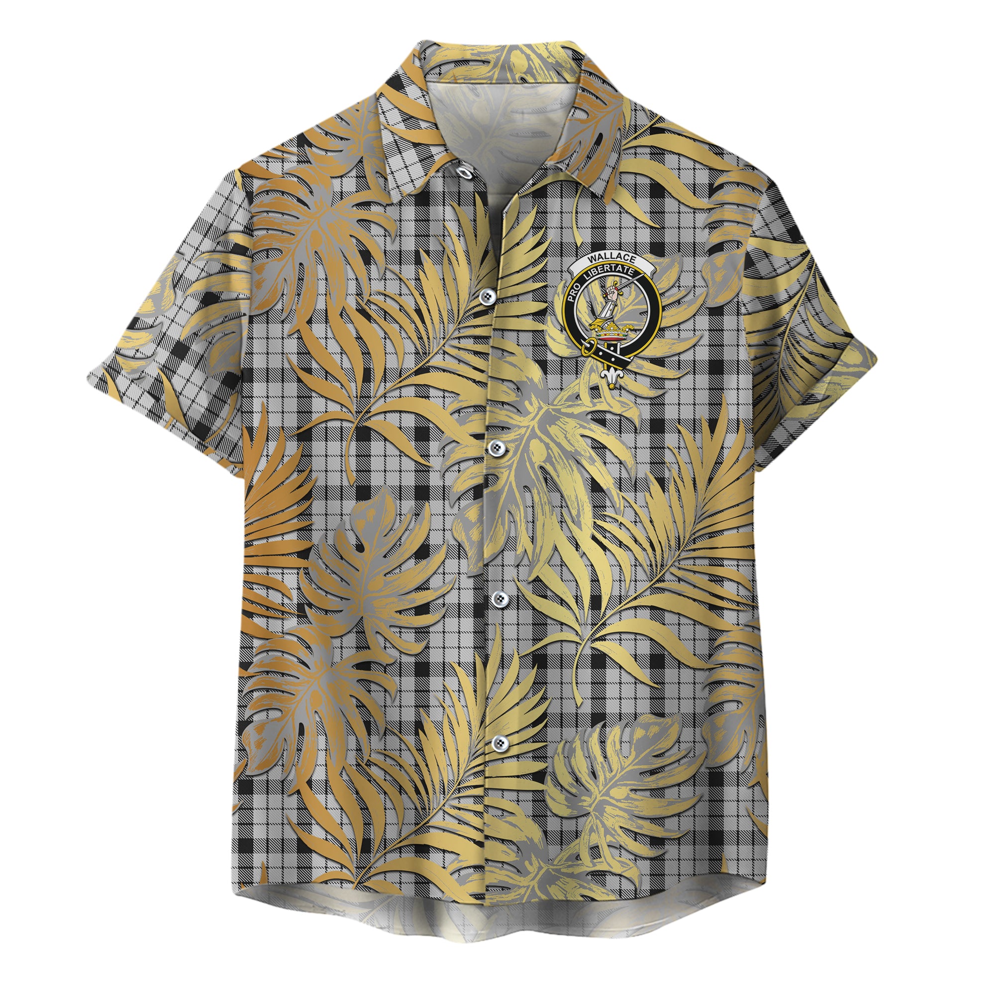 scottish-wallace-dress-clan-crest-tartan-golden-tropical-palm-leaves-hawaiian-shirt