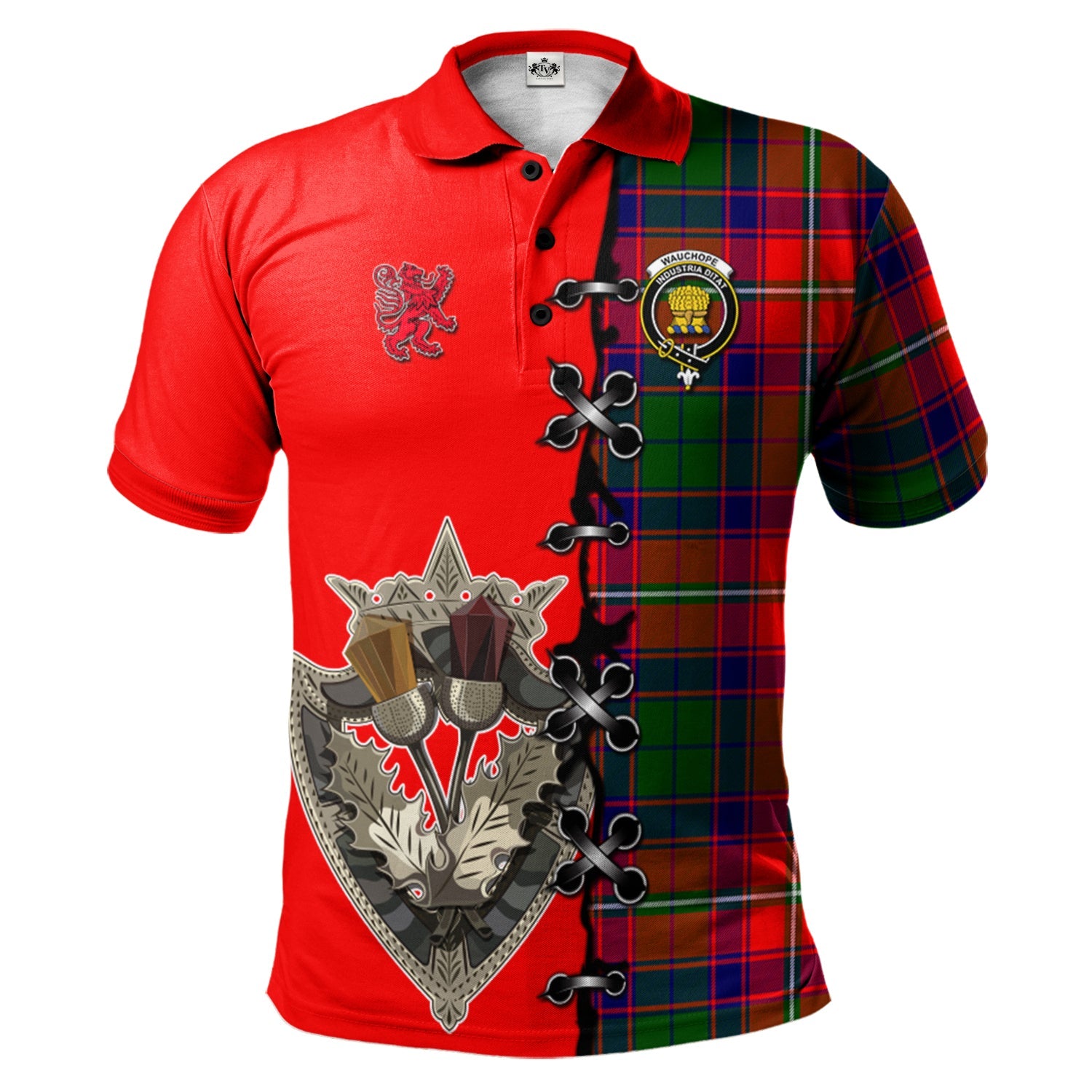 scottish-wauchope-clan-crest-tartan-lion-rampant-and-celtic-thistle-polo-shirt