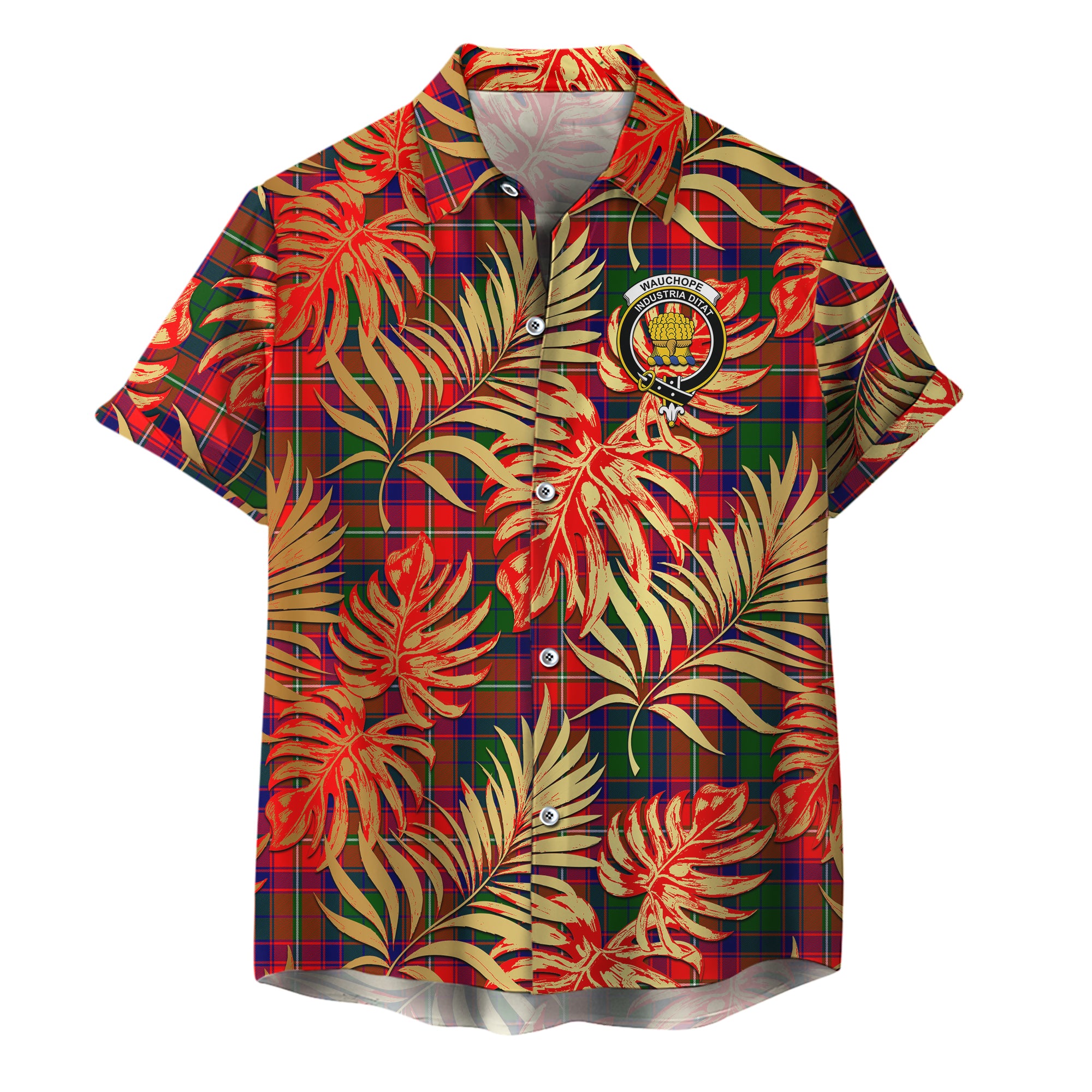 scottish-wauchope-clan-crest-tartan-golden-tropical-palm-leaves-hawaiian-shirt
