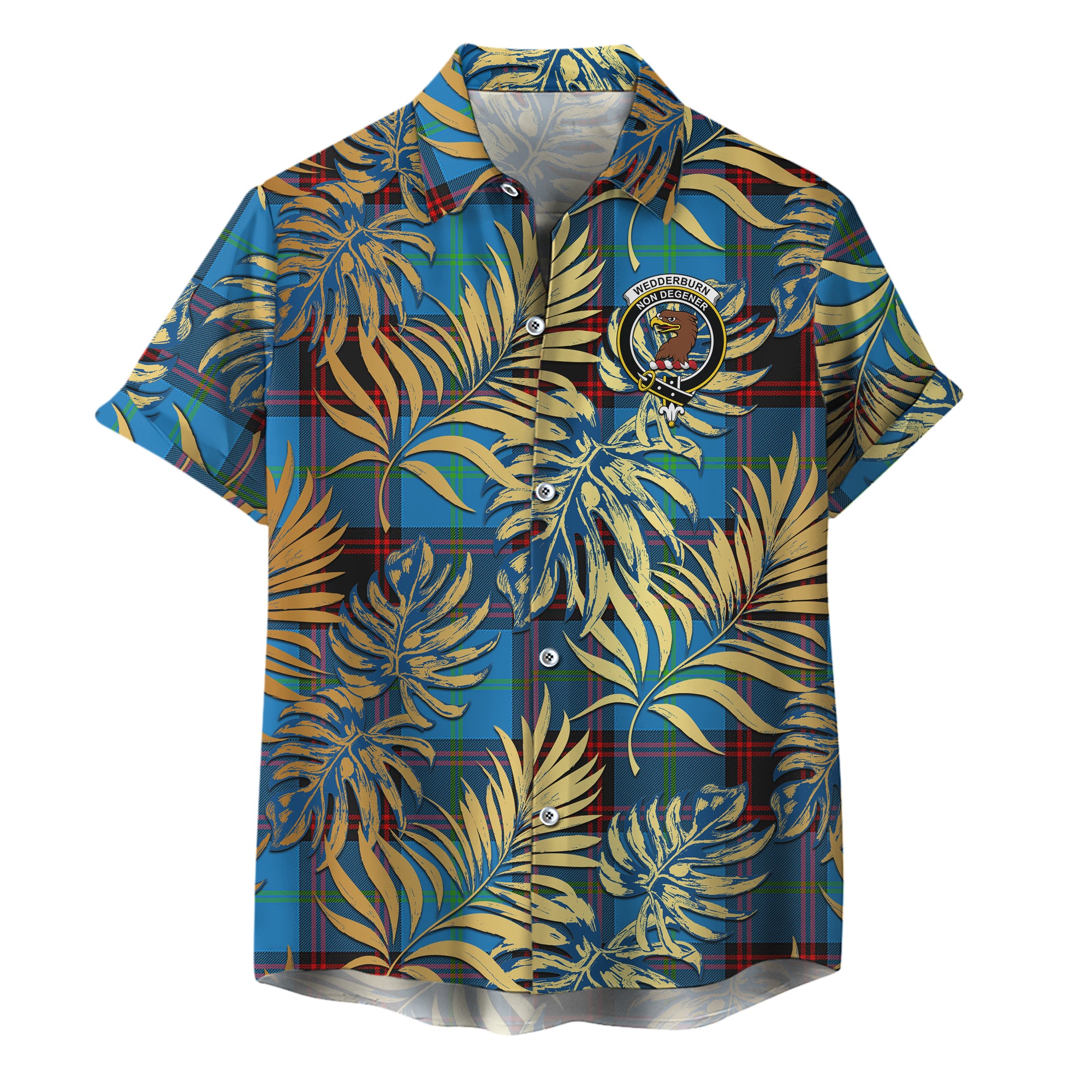 scottish-wedderburn-clan-crest-tartan-golden-tropical-palm-leaves-hawaiian-shirt