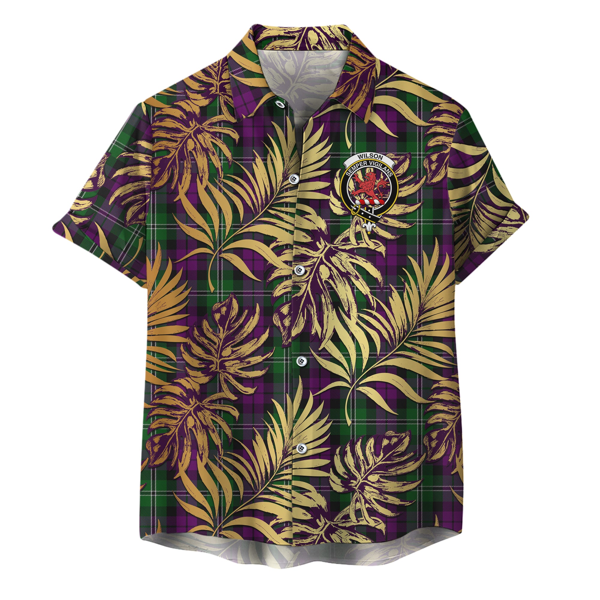 scottish-wilson-clan-crest-tartan-golden-tropical-palm-leaves-hawaiian-shirt