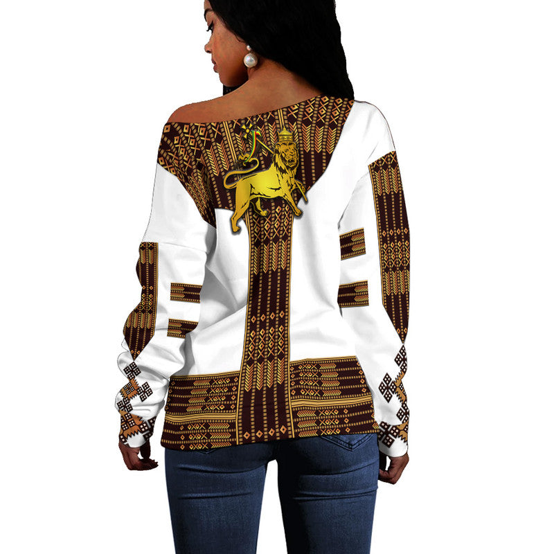 Ethiopia Women Off Shoulder Sweater Ethiopian Lion Of Judah Tibeb Vibes - White LT8 - Wonder Print Shop