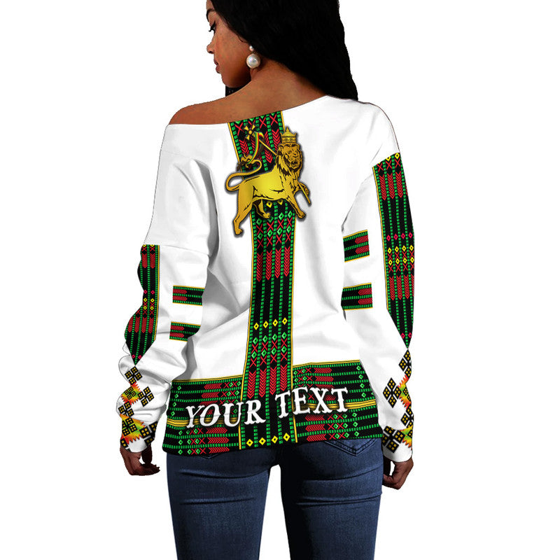 (Custom Personalised) Ethiopia Women Off Shoulder Sweater Ethiopian Lion Of Judah Simple Tibeb Style - Flag Style LT8 - Wonder Print Shop