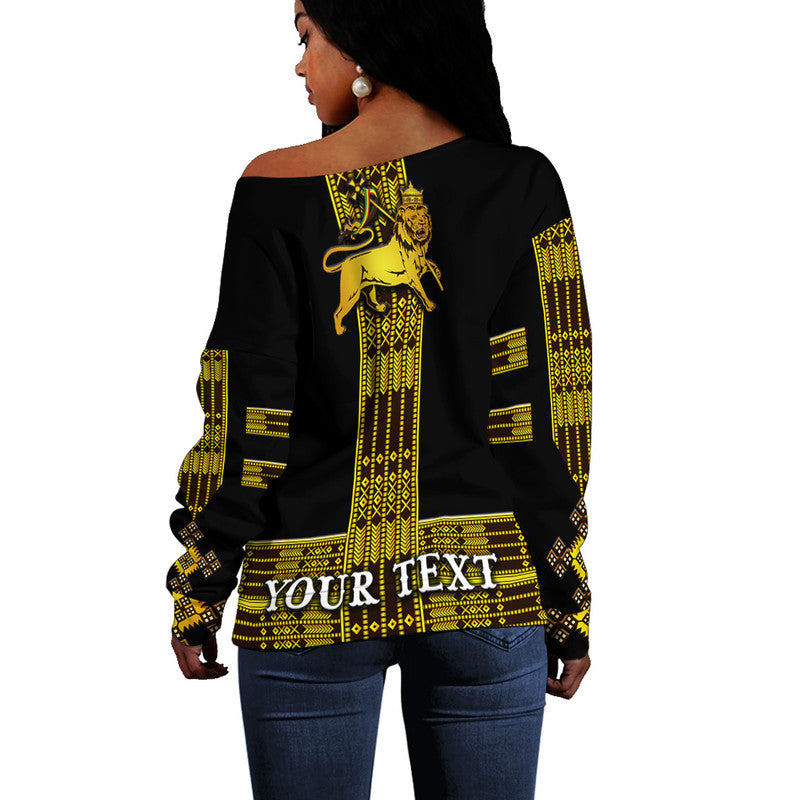 (Custom Personalised) Ethiopia Women Off Shoulder Sweater Ethiopian Lion Of Judah Tibeb Vibes NO.1 Ver - Black LT8 - Wonder Print Shop
