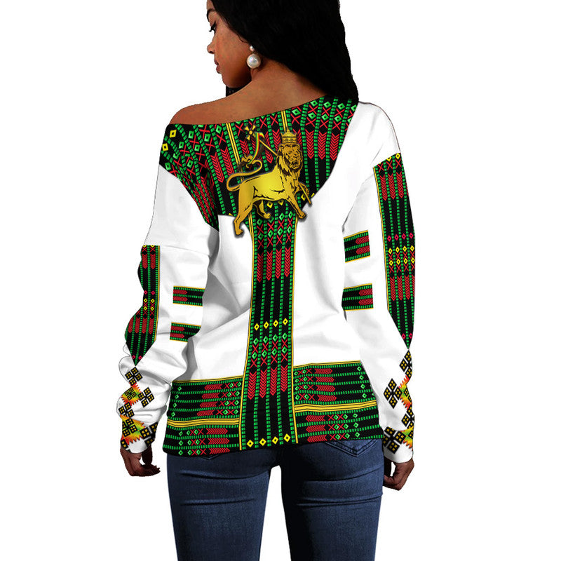 Ethiopia Women Off Shoulder Sweater Ethiopian Lion Of Judah Tibeb Vibes - Flag Style LT8 - Wonder Print Shop