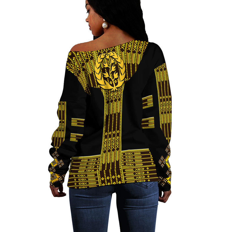 Eritrea Women Off Shoulder Sweater Fancy Tibeb Vibes - Black LT8 - Wonder Print Shop