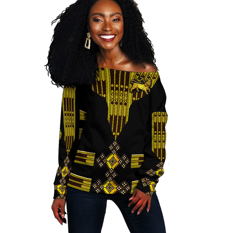 (Custom Personalised) Ethiopia Women Off Shoulder Sweater Ethiopian Lion Of Judah Tibeb Vibes - Black LT8 - Wonder Print Shop