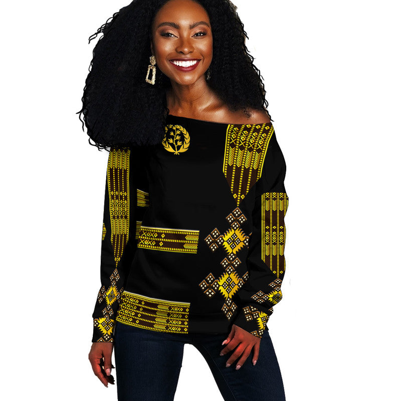 (Custom Personalised) Eritrea Women Off Shoulder Sweater Fancy Simple Tibeb Style - Black LT8 - Wonder Print Shop
