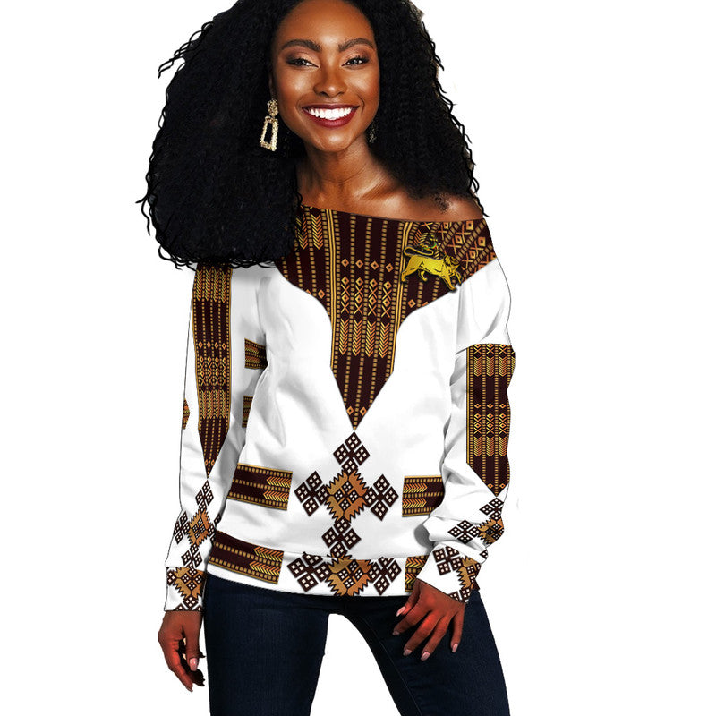 (Custom Personalised) Ethiopia Women Off Shoulder Sweater Ethiopian Lion Of Judah Tibeb Vibes - White LT8 - Wonder Print Shop