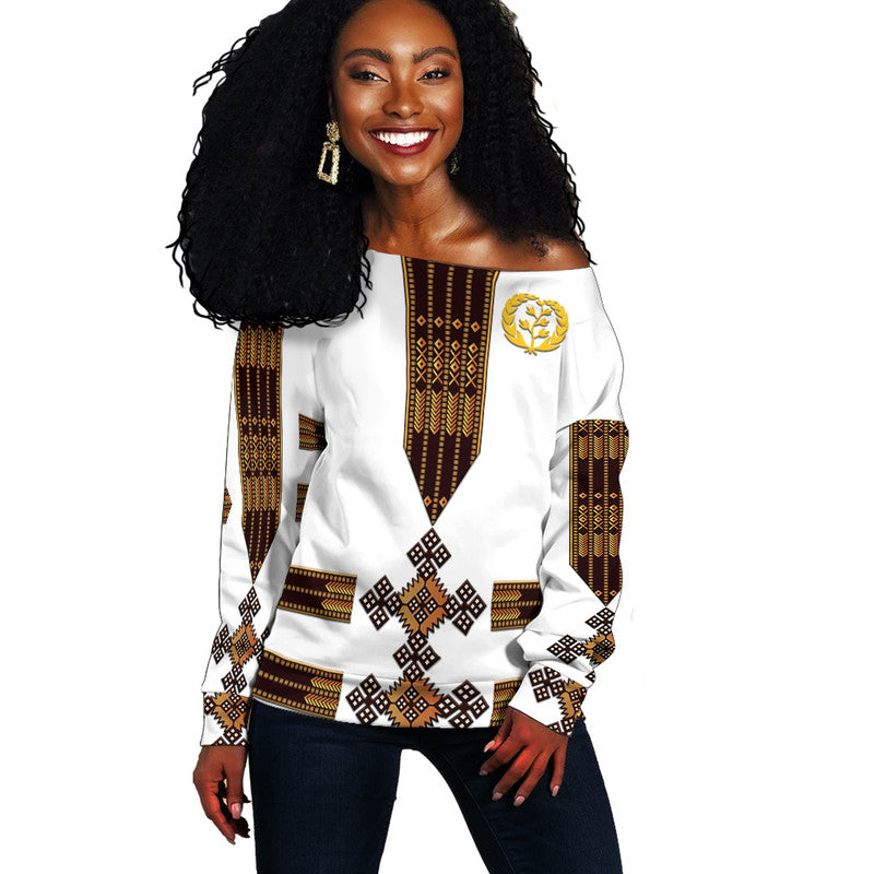 Eritrea Women Off Shoulder Sweater Fancy Tibeb Vibes NO.1 Ver - White LT8 - Wonder Print Shop