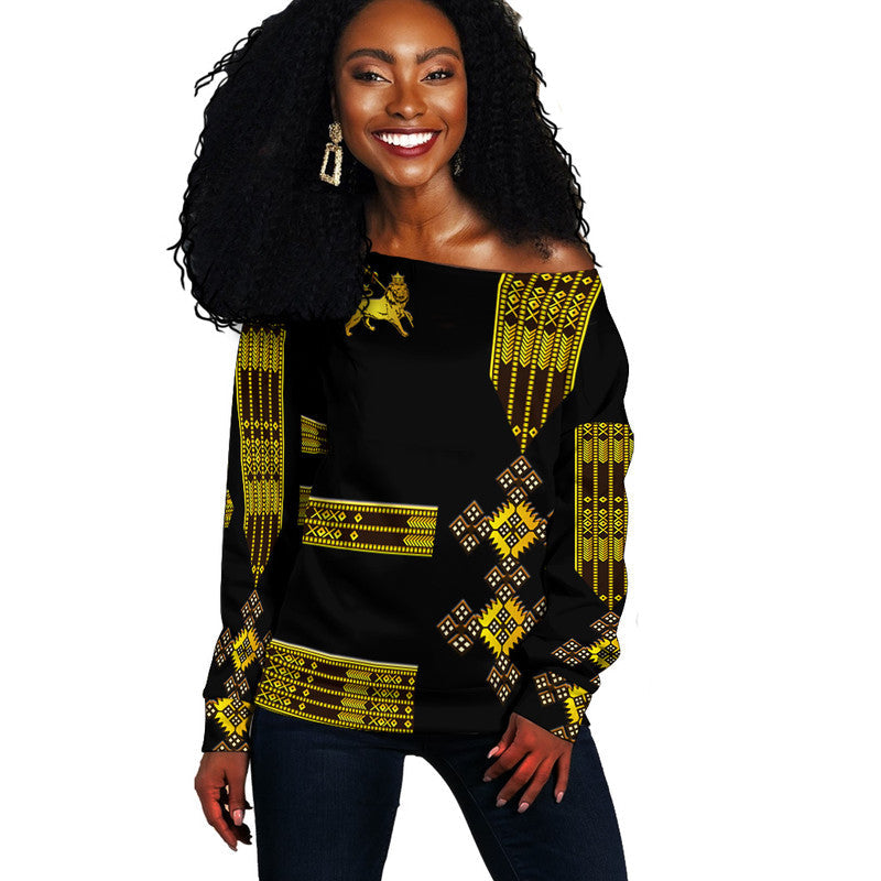 (Custom Personalised) Ethiopia Women Off Shoulder Sweater Ethiopian Lion Of Judah Simple Tibeb Style - Black LT8 - Wonder Print Shop