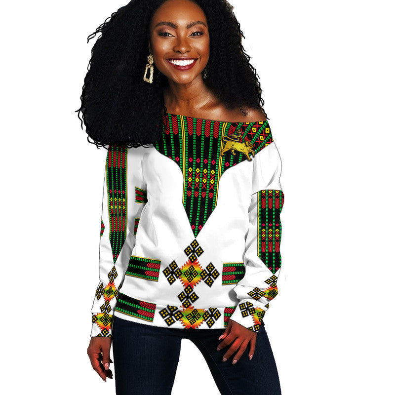 (Custom Personalised) Ethiopia Women Off Shoulder Sweater Ethiopian Lion Of Judah Tibeb Vibes - Flag Style LT8 - Wonder Print Shop