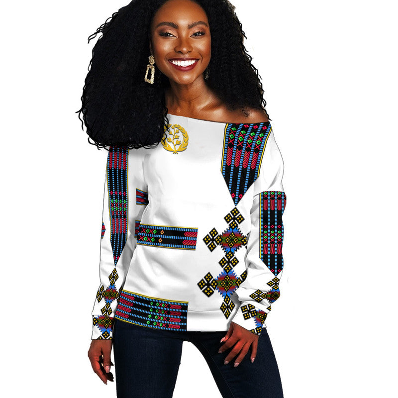 (Custom Personalised) Eritrea Women Off Shoulder Sweater Fancy Simple Tibeb Style - Flag Style LT8 - Wonder Print Shop