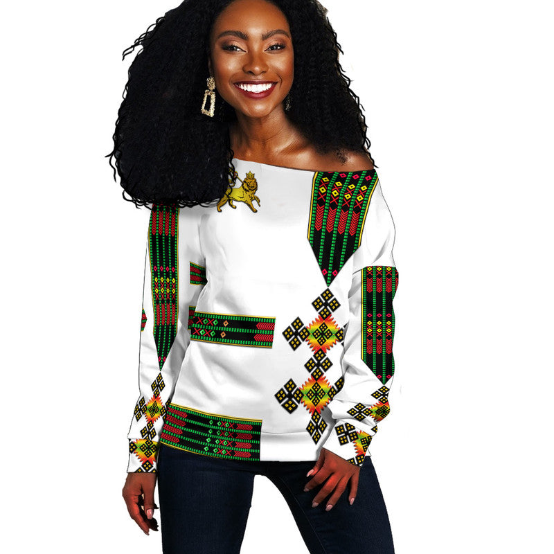 (Custom Personalised) Ethiopia Women Off Shoulder Sweater Ethiopian Lion Of Judah Simple Tibeb Style - Flag Style LT8 - Wonder Print Shop
