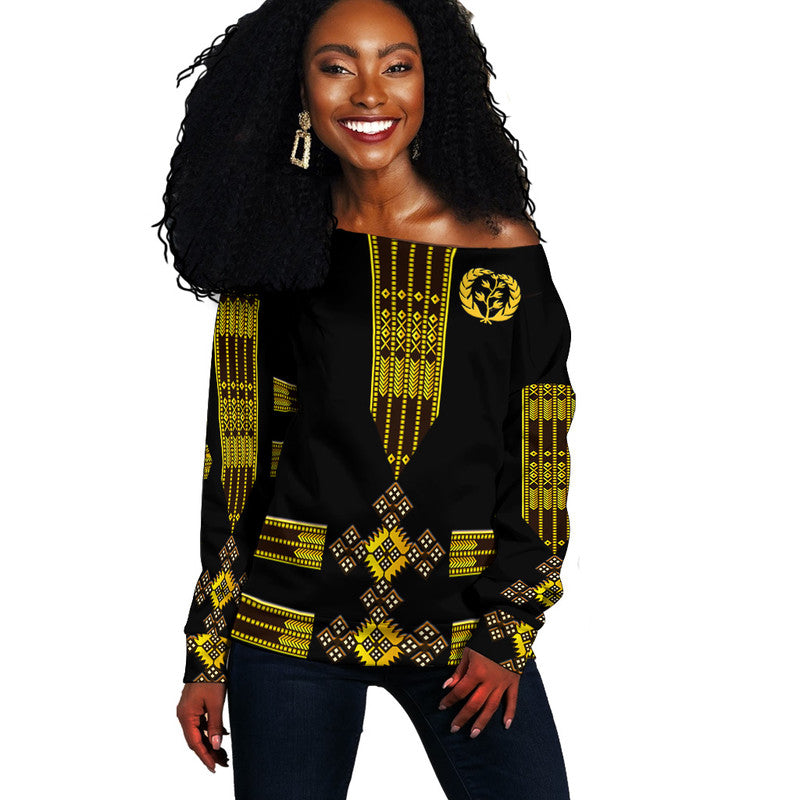 (Custom Personalised) Eritrea Women Off Shoulder Sweater Fancy Tibeb Vibes NO.1 Ver - Black LT8 - Wonder Print Shop